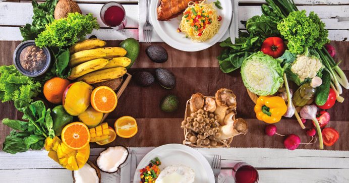Fruit, vegetables and healthy food on a table
