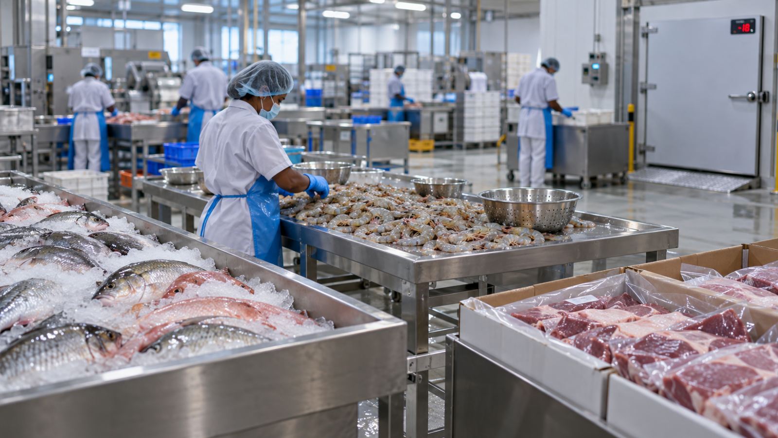 Illustration of fish on ice, shrimp, packed meat trays and a cold room at minus 18 °C